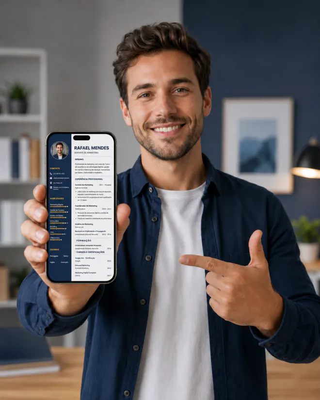 Currículo profissional exibido em um smartphone